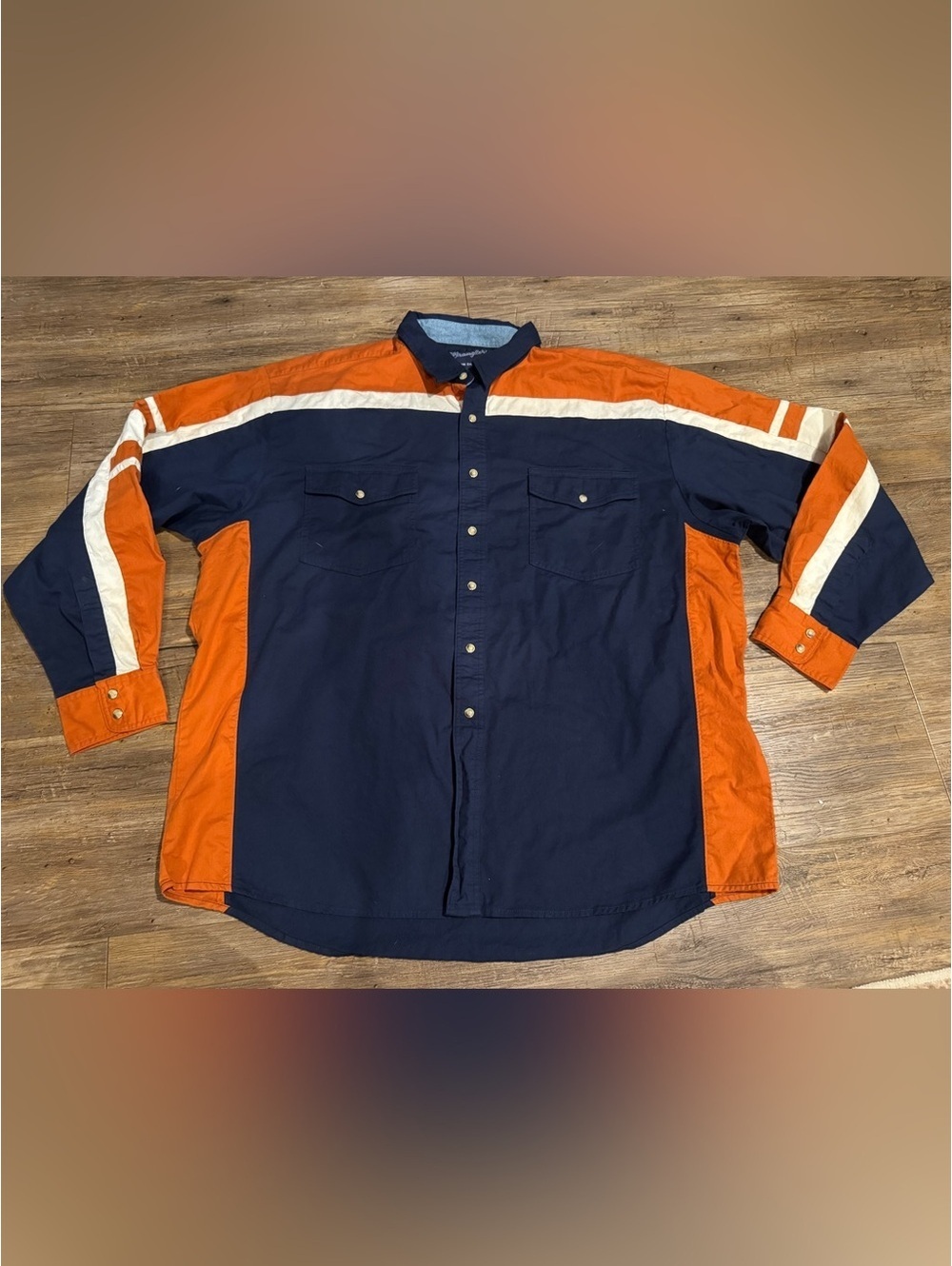 Vintage Wrangler Western Shirt Colorblock Navy Orange Button Sz XXL